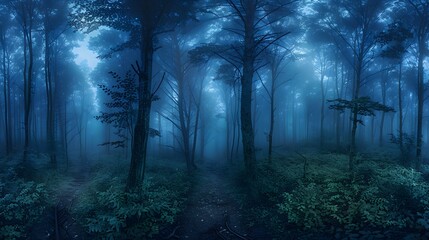 Obraz premium A serene misty forest landscape with tall trees shrouded in a mysterious blue fog, inviting exploration and tranquility. 