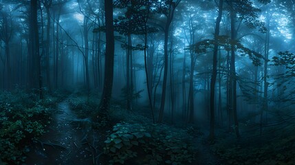 A serene and mysterious forest landscape enveloped in soft blue fog, creating an ethereal atmosphere. 
