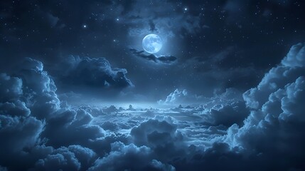 A serene night sky filled with stars and a bright moon illuminating fluffy clouds in a deep blue atmosphere.