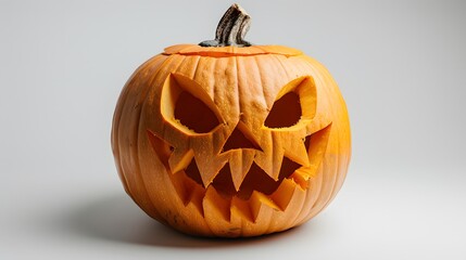 A carved Halloween pumpkin with a fierce expression sitting against a plain background. 