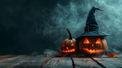 A spooky Halloween scene featuring two carved pumpkins with glowing faces, one wearing a hat, set against a moody, smoky background.  - Powered by Adobe