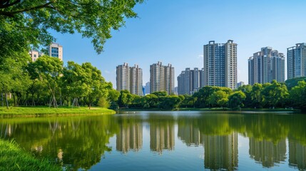 A serene urban park with a pond reflecting the surrounding city buildings