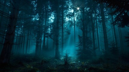 Obraz premium A mysterious forest scene illuminated by soft rays of light breaking through dense, dark trees creates an enchanting atmosphere. 