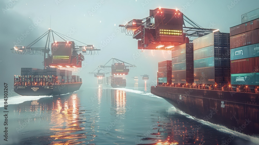 Poster highlight a cargo ship of the future equipped with autonomous cranes and container stacking systems,