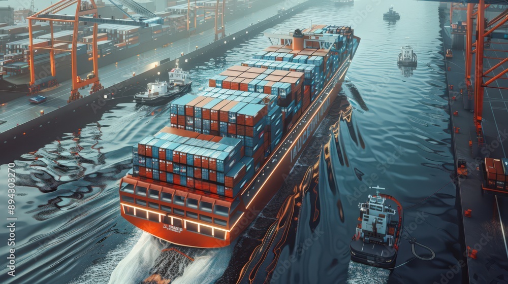 Aufkleber highlight a cargo ship of the future equipped with autonomous cranes and container stacking systems,