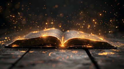 An open book emits a magical glow with sparkling particles surrounding it, creating an enchanting atmosphere. 