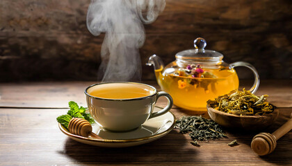 A cup of herbal tea and teapot on wooden table. Herbal teas and healthy lifestyle concept