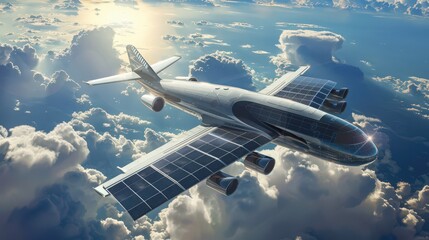 Obraz premium Highlight a futuristic airplane with solar panels integrated into its wings, emphasizing the use of renewable energy for sustainable aviation.