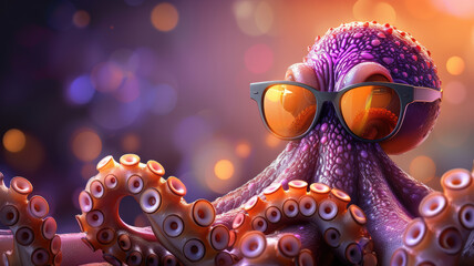 Obraz premium Teal Background Octopus with Sunglasses