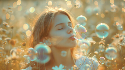 Fototapeta premium Young girl blowing bubbles in a meadow