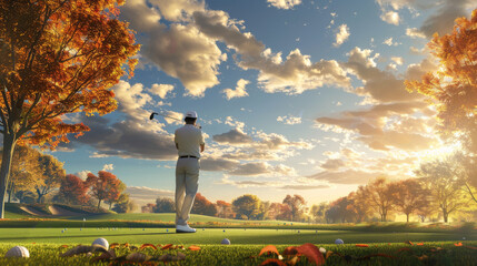 A golfer stands with their back to the green, preparing to swing their driver and drive the ball down the fairway.