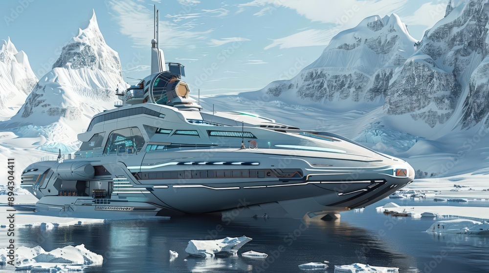 Poster highlight a futuristic icebreaker ship with reinforced hulls and advanced propulsion systems, enabli