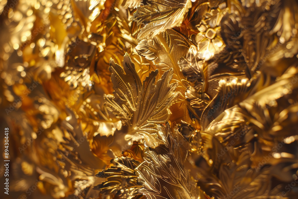 Wall mural an image depicting the intricate detail and shimmering surface of gold leaf applied to an object - g