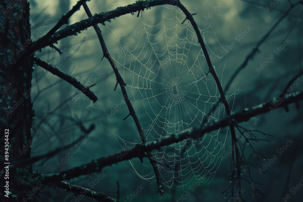 Wall mural a spiderweb stretched between branches in a dimly lit, foggy forest, adding an eerie touch to the na