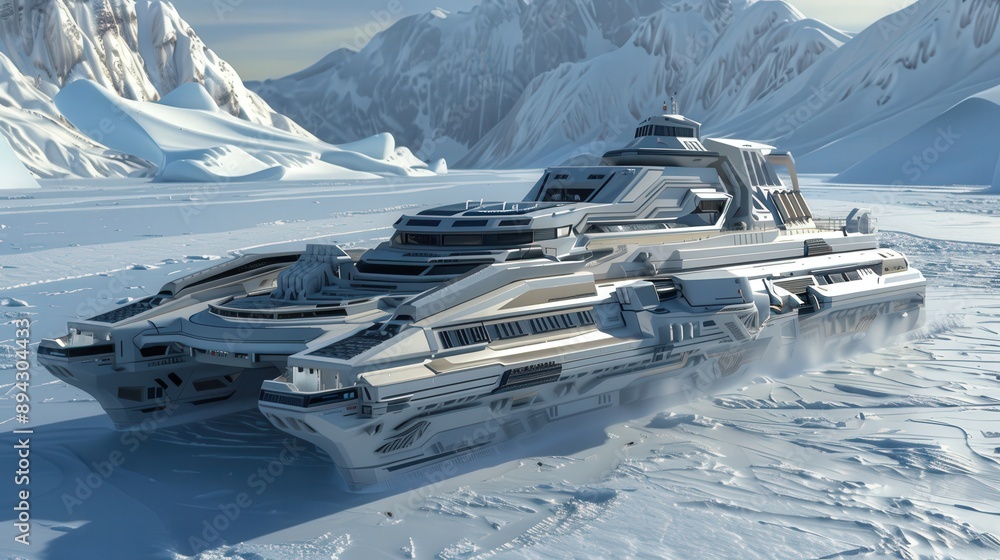Poster highlight a futuristic icebreaker ship with reinforced hulls and advanced propulsion systems, enabli