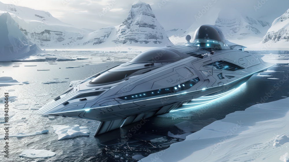 Poster highlight a futuristic icebreaker ship with reinforced hulls and advanced propulsion systems, enabli