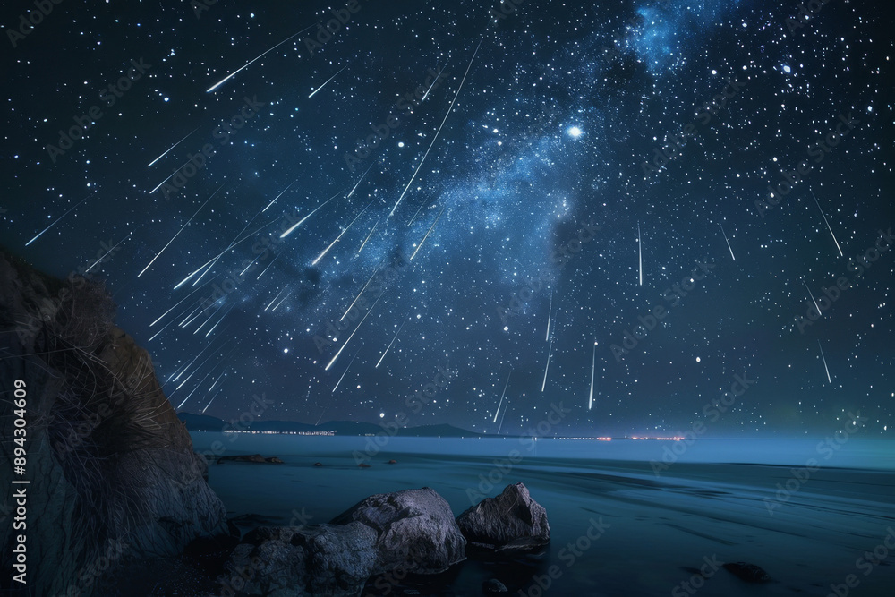 Canvas Prints an image showcasing a spectacular meteor shower lighting up the night sky, with streaks of meteorite