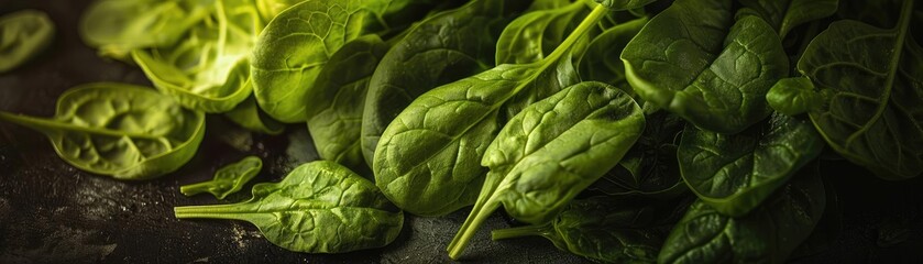 Fototapeta premium Fresh spinach leaves on a dark surface, showcasing lush, vibrant greens ideal for salads, cooking, and healthy eating concepts.