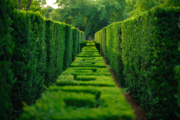 A classic hedge maze in a historical or estate garden, focusing on the tall, manicured hedges that form the maze's walls - Generative AI