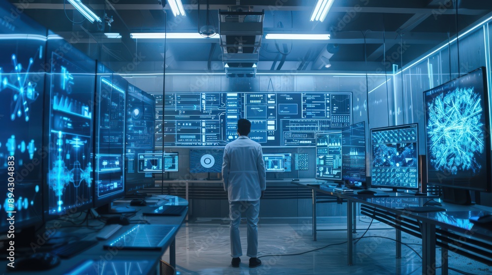 Poster research lab where ai and quantum computing accelerate innovation and problem-solving in various sci