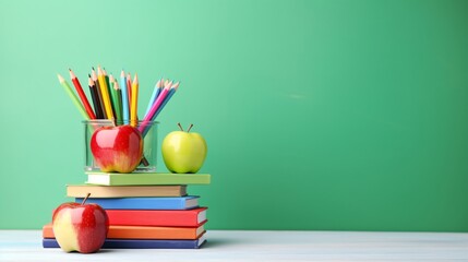 A neatly organized study scene with colorful pencils in a holder, several stacks of books, and a green and red apple on top, set against a blue background - Powered by Adobe