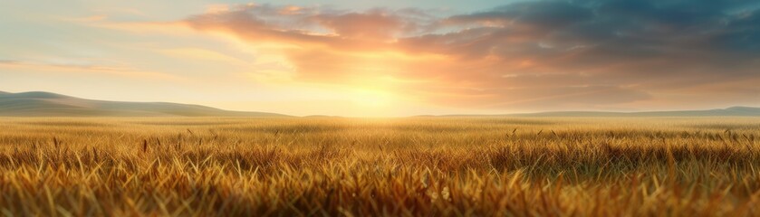 Naklejka premium Golden wheat field under a vibrant sunset sky, creating a serene and peaceful agricultural landscape.