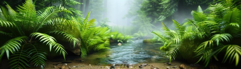 Obraz premium Lush green ferns surrounding a tranquil stream in a misty forest, creating a serene and peaceful natural landscape.