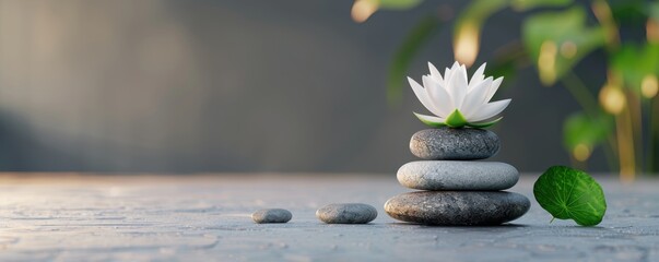 Serene arrangement of smooth stones with a white lotus flower and green leaf, symbolizing tranquility and balance.