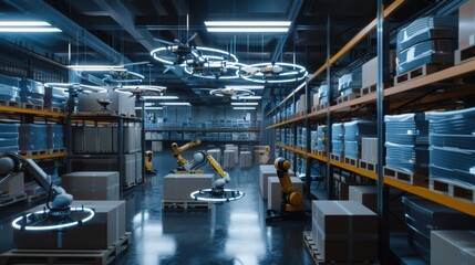 Naklejka premium warehouse where drones and robotic arms manage inventory, demonstrating the speed and accuracy of automated logistics