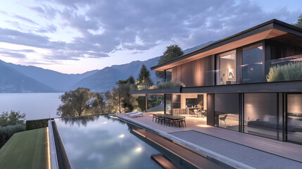 Fototapeta premium Luxurious modern house with infinity pool and deck overlooking lake and mountains at dusk, warmly lit interior, serene and scenic view.