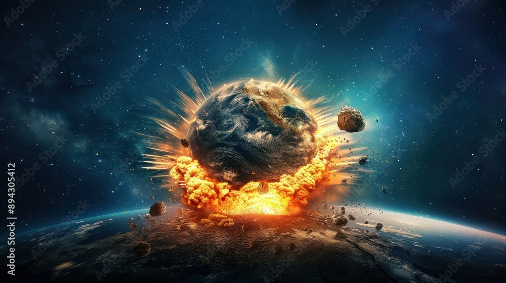 Poster an apocalyptic image depicting the earth engulfed in fire and debris as asteroids crash into its sur