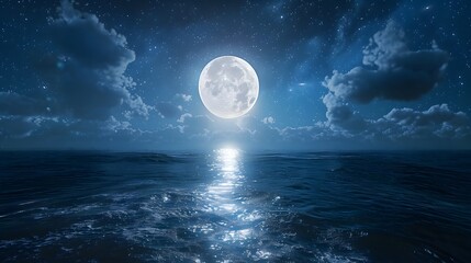 A breathtaking nighttime seascape featuring a full moon illuminating the tranquil waters under a starry sky. 