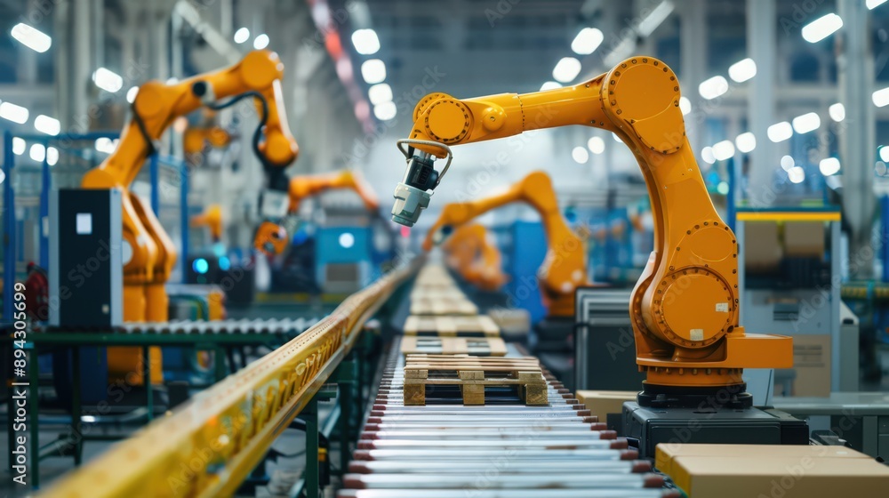 Poster production line equipped with robots that handle packaging and labeling of products, ensuring consis