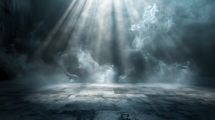 Fototapeta premium A dramatic, misty environment illuminated by beams of light creates a mystical atmosphere. 