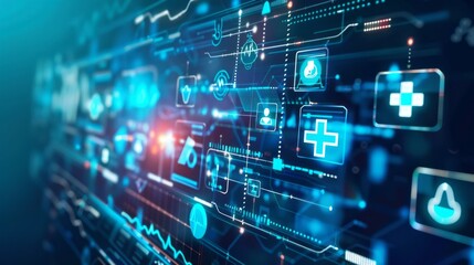 Health and medical science on virtual interface with innovation and digital technology in a futuristic hospital background, featuring advanced healthcare concepts and future-forward medical technology