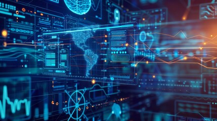 Health and medical science on virtual interface with innovation and digital technology in a futuristic hospital background, featuring advanced healthcare concepts and future-forward medical technology