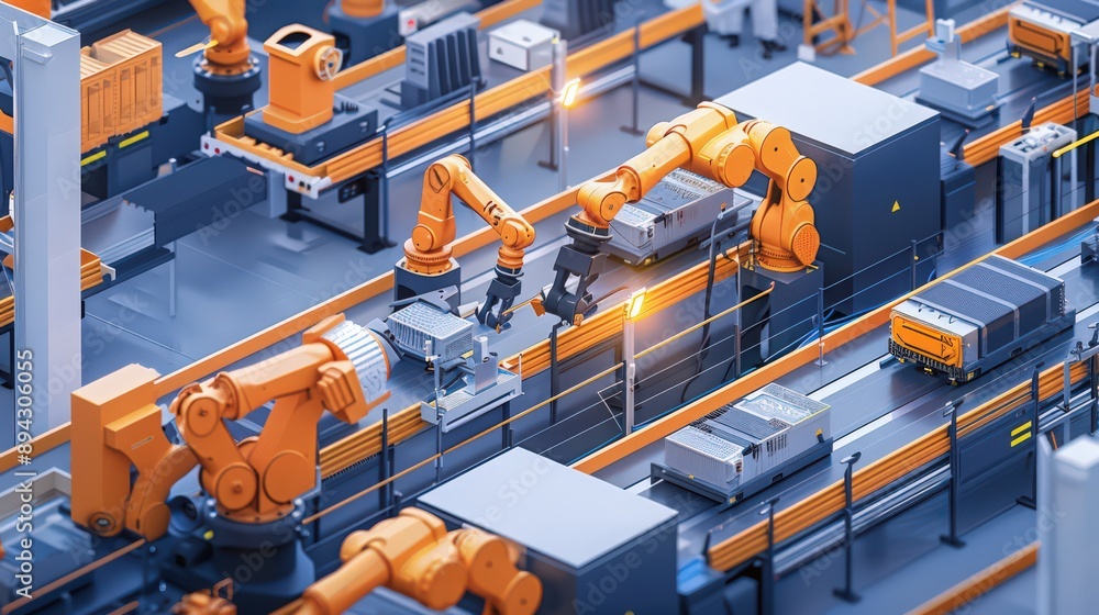 Poster production line where robots are involved in the assembly and testing of electric vehicle batteries,