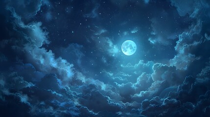 Fototapeta premium A serene night sky illuminated by a full moon, surrounded by soft, fluffy clouds and twinkling stars, creates a tranquil ambiance. 
