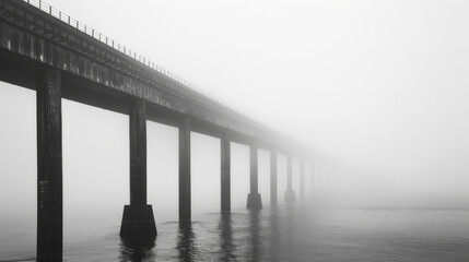 A large bridge shrouded in a thick mist, making it difficult to see.