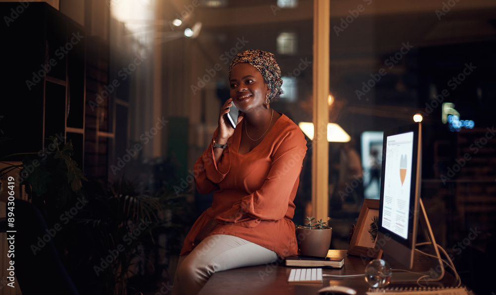 Aufkleber phone call, night and business woman in office with communication for client project deadline. netwo