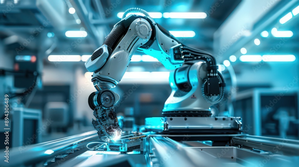 Poster robot installing advanced lighting systems, showcasing the smart and energy-efficient solutions in m
