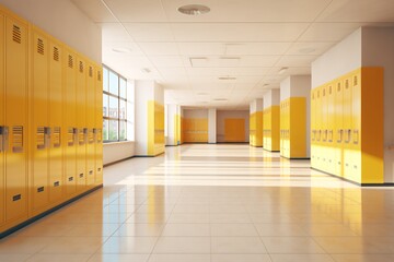 The image showcases a well-lit school corridor with rows of vibrant yellow lockers, wooden benches, and large windows allowing ample natural light to flood the space, creating a clean