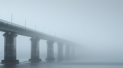A large bridge shrouded in a thick mist, making it difficult to see.