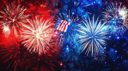 A vibrant display of fireworks illuminates the night sky with an American flag in the foreground