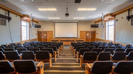 Naklejka premium Empty lecture hall with several rows of seats and a screen