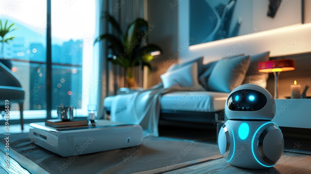 Poster robot integrating smart home technology throughout the house, ensuring connectivity and automation