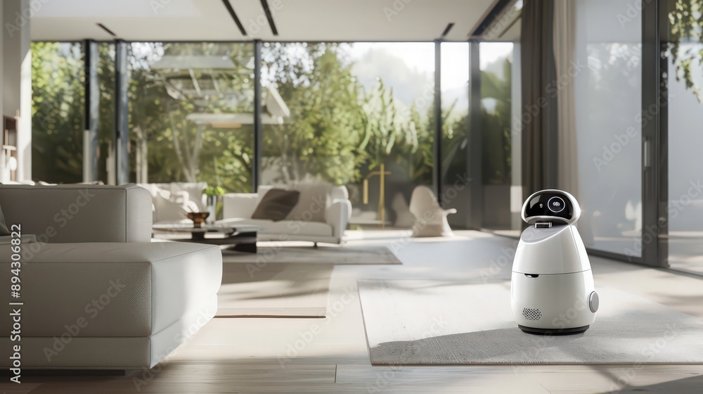 Poster robot integrating smart home technology throughout the house, ensuring connectivity and automation