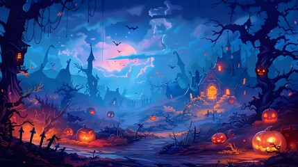 A whimsical Halloween landscape featuring glowing pumpkins, eerie trees, and a haunted house set against a moonlit sky. 