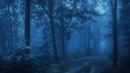 Fototapeta premium A serene and mystical forest scene shrouded in blue mist, inviting exploration and contemplation. 