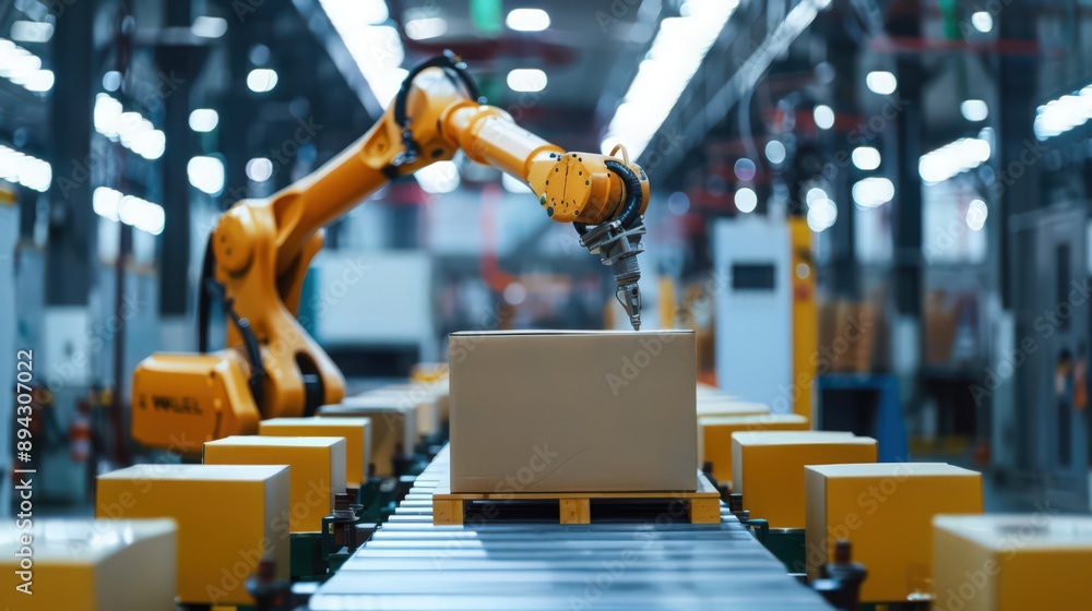 Poster robot packaging products on an assembly line, showcasing the efficiency and reliability of robotic p